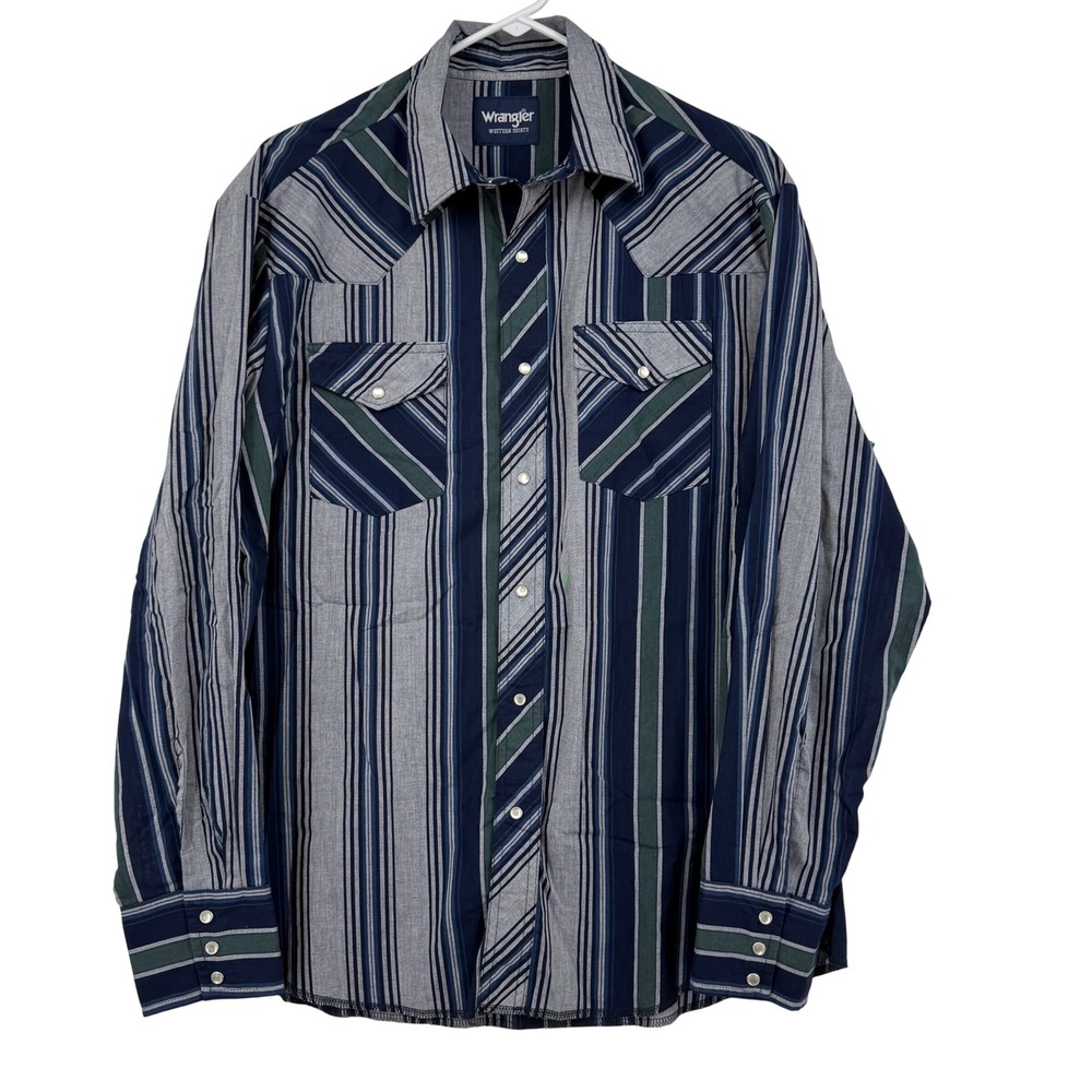 Vtg Wrangler Western Shirt Mens Large L Blue Green Stripe Pearl Snap Long Sleeve